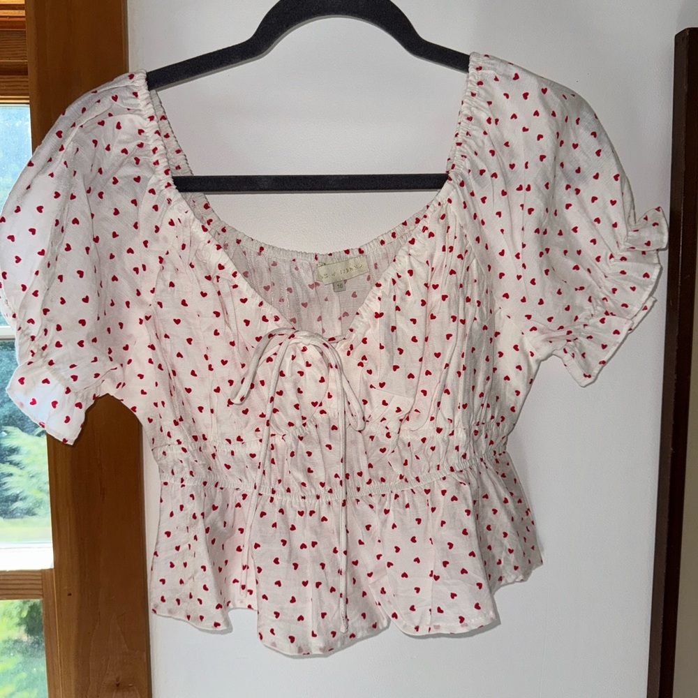 White Crop Top with Red Heart Pattern